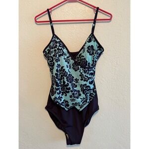 It Figures Tummy Thinner Floral Wrap One Piece Swimsuit Navy Turquoise 14